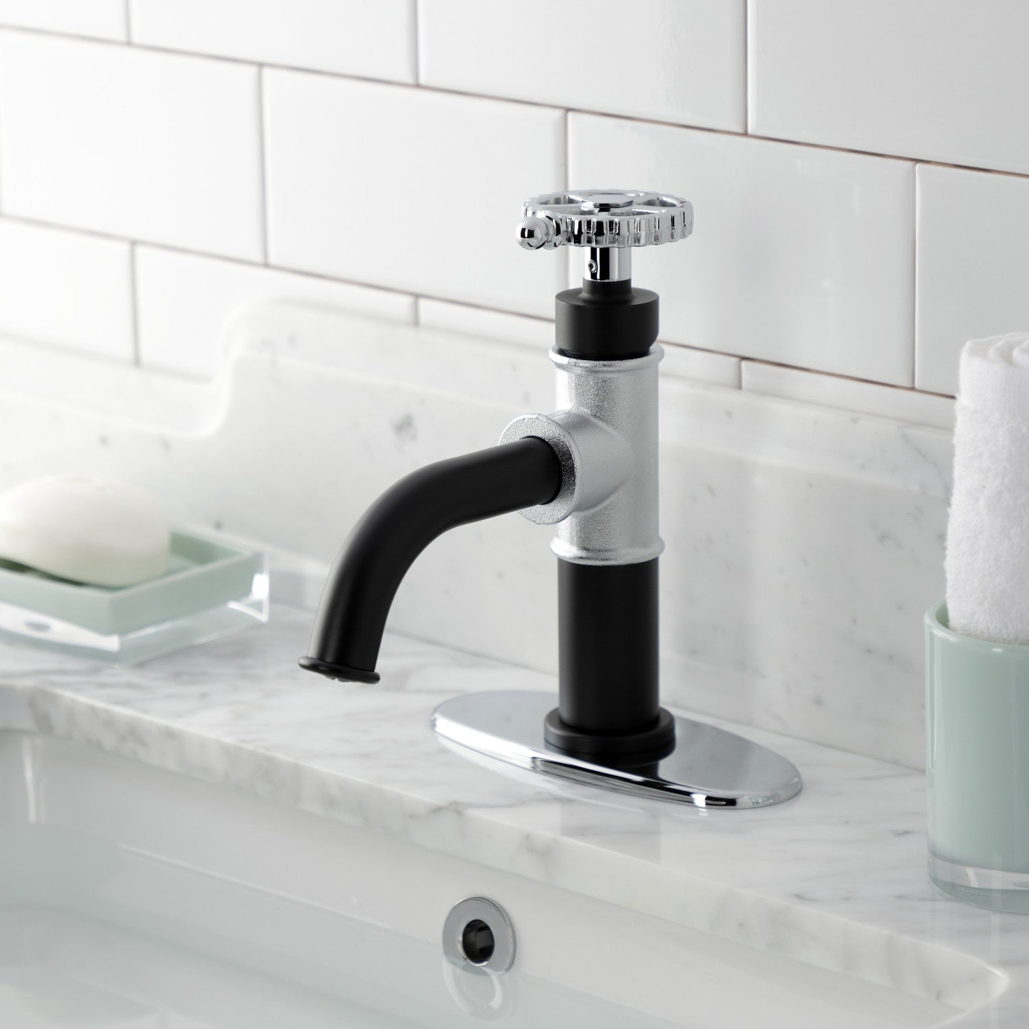 Kingston Sona KSD2821CG - Fuller One-Handle 1-Hole Bathroom Faucet with Deck Plate and Push Pop-Up Drain, Matte Black/Polished Chrome — thumbnail 2